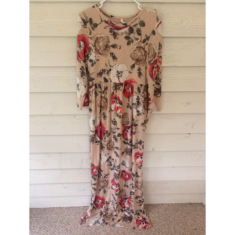 Bellamie Floral Maxi Dress Large Beige Red Rose Long Sleeve Boho - Picture 2 of 5